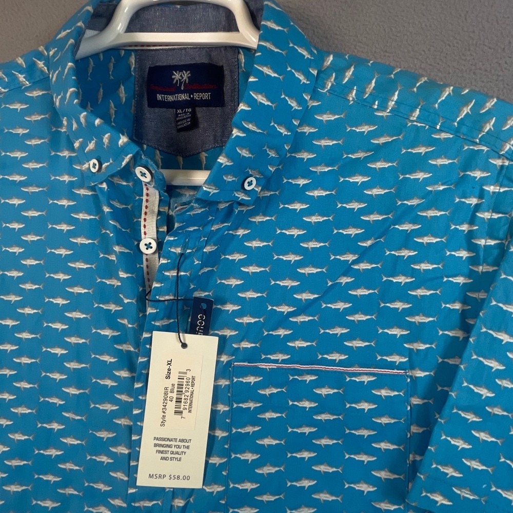 International Report Shirt Mens XL Blue Shark Print Tropical Cotton Button Down